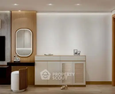 Modern interior with sleek cabinetry and stylish decor in a contemporary living space.