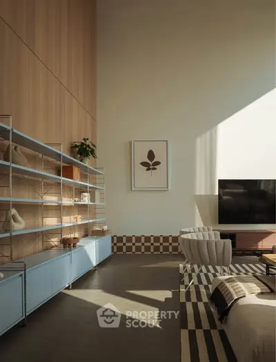 Modern living room with high ceilings, stylish shelving, and natural light.