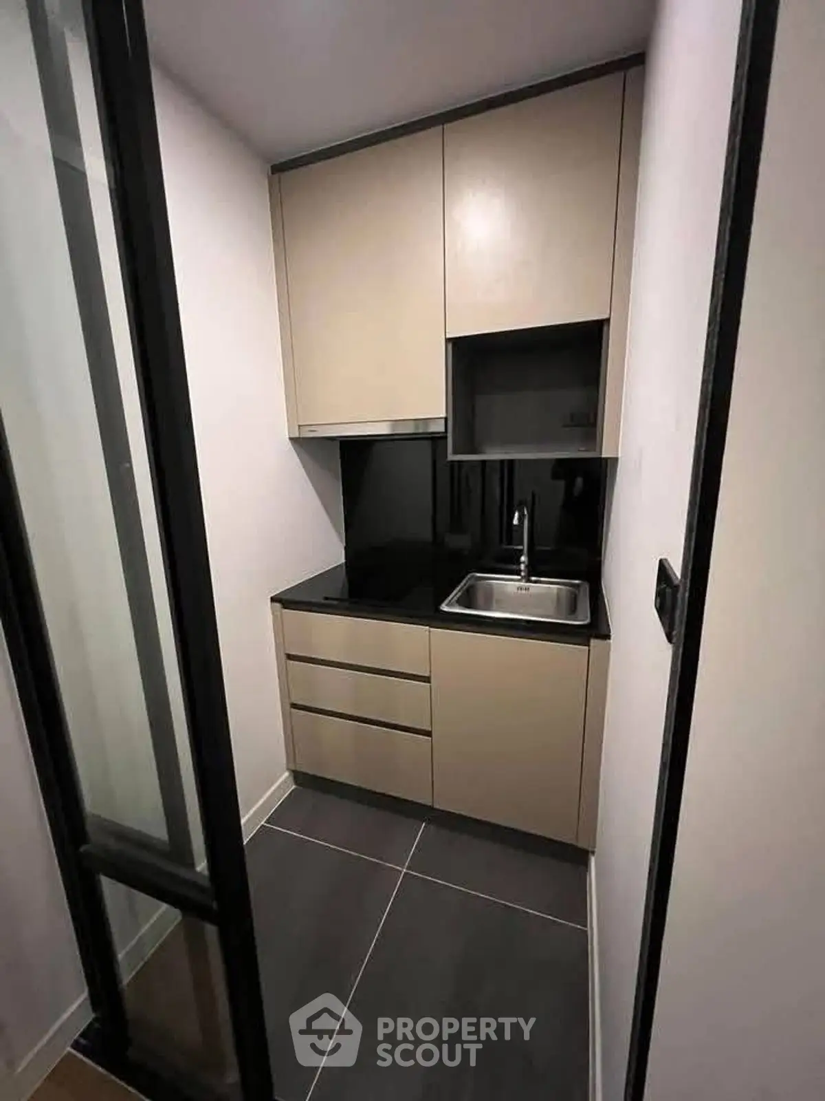 Compact modern kitchen with sleek cabinetry and black countertop