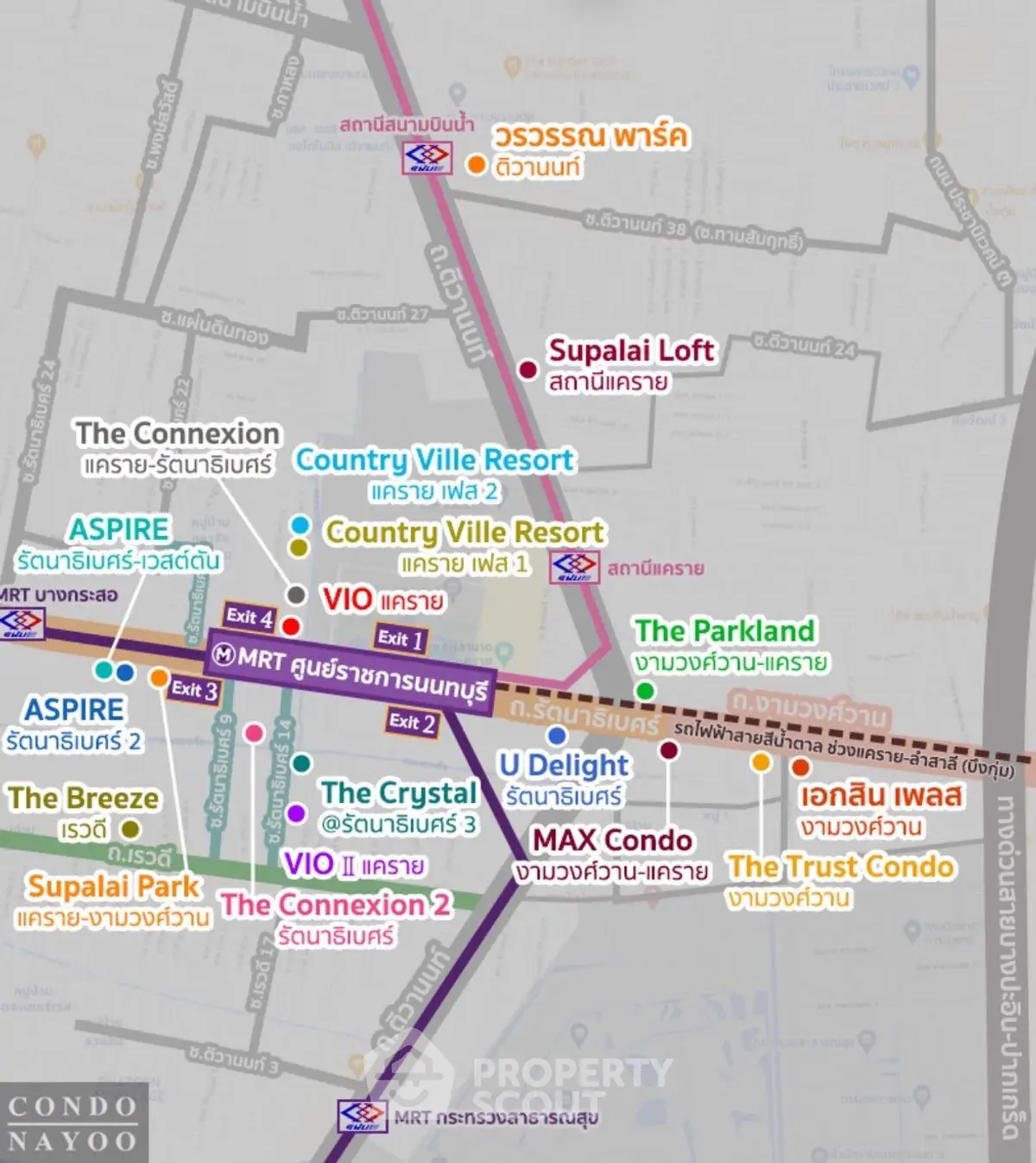 Map showcasing various condominium locations near MRT stations in vibrant urban area.