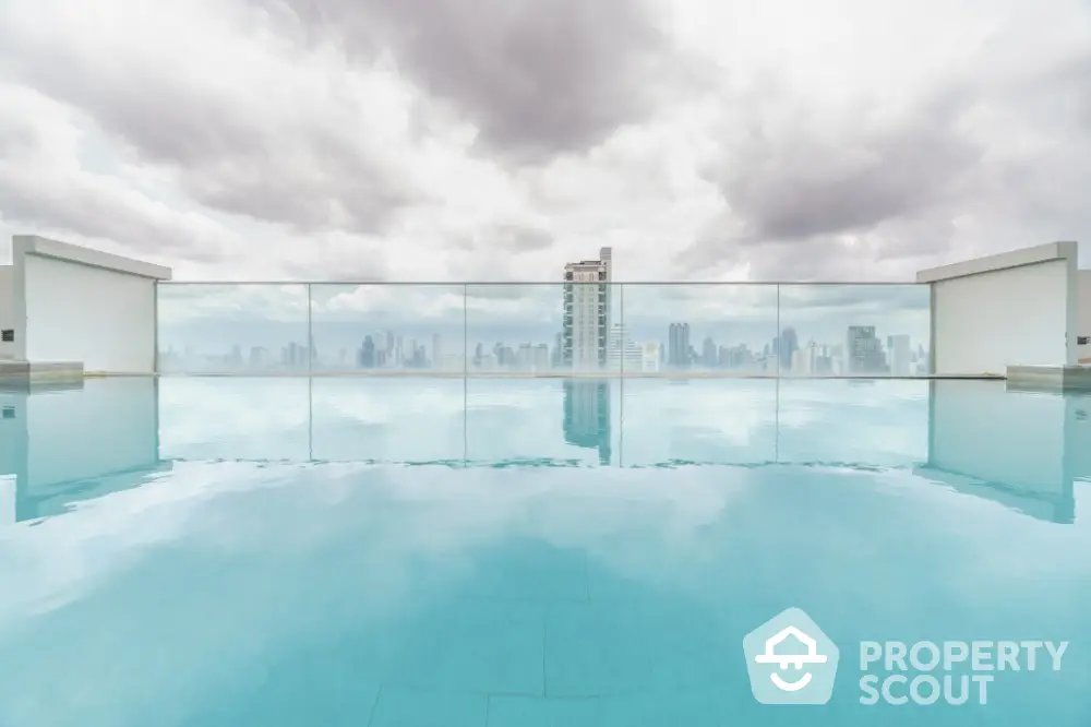 Luxurious rooftop pool with stunning city skyline view, perfect for relaxation and leisure.