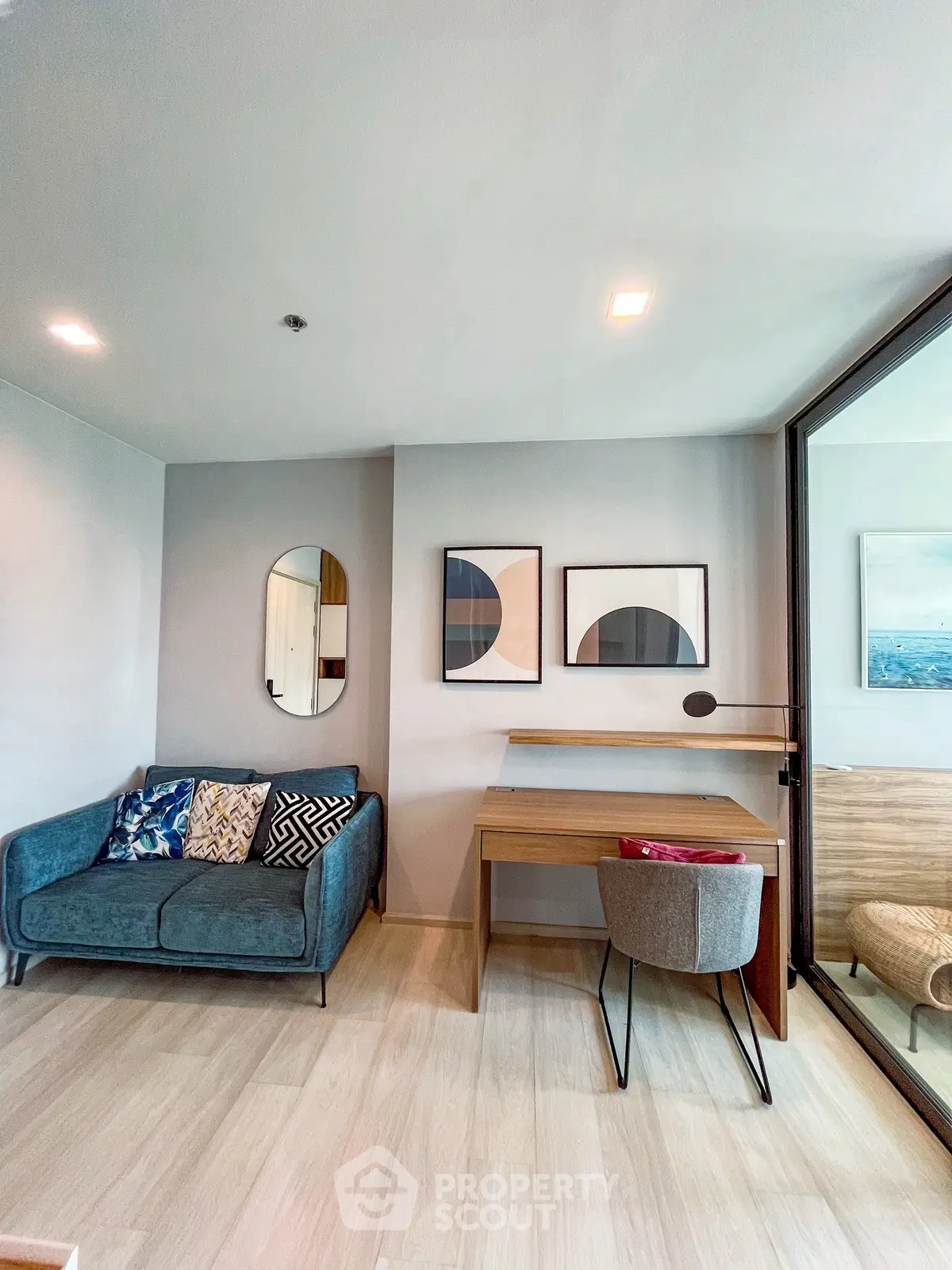 Modern living room with stylish decor and cozy seating area