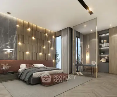 Luxurious modern bedroom with elegant lighting and stylish decor