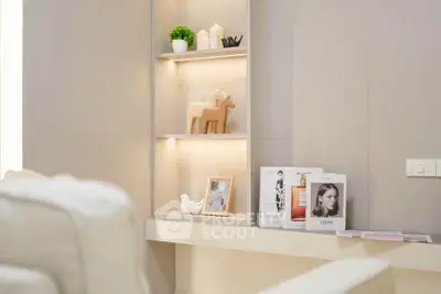 Modern living room with stylish decor and built-in shelving