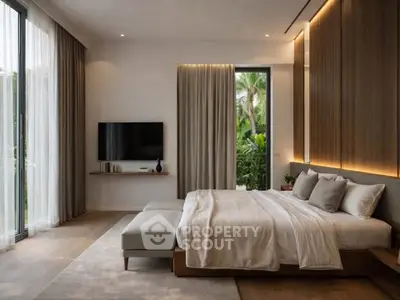 Luxurious modern bedroom with elegant decor and large windows overlooking greenery.