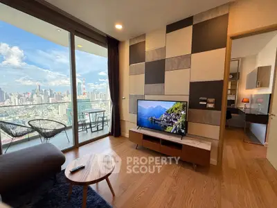 Modern living room with stunning city view and stylish decor