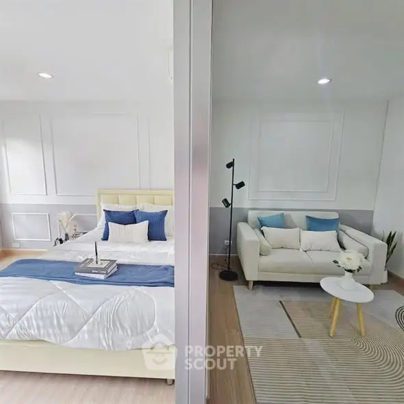 Modern bedroom and living room with stylish decor and cozy ambiance
