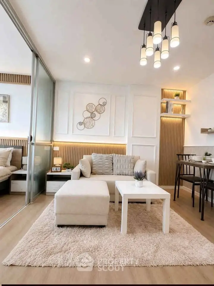 Modern living room with stylish decor and cozy seating area