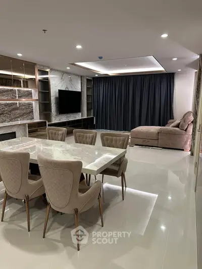 Luxurious modern living room with elegant dining area and plush seating, featuring sleek marble accents and ambient lighting.