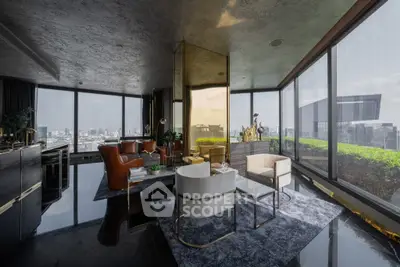 Luxurious corner unit living room with panoramic city views and elegant modern furnishings.
