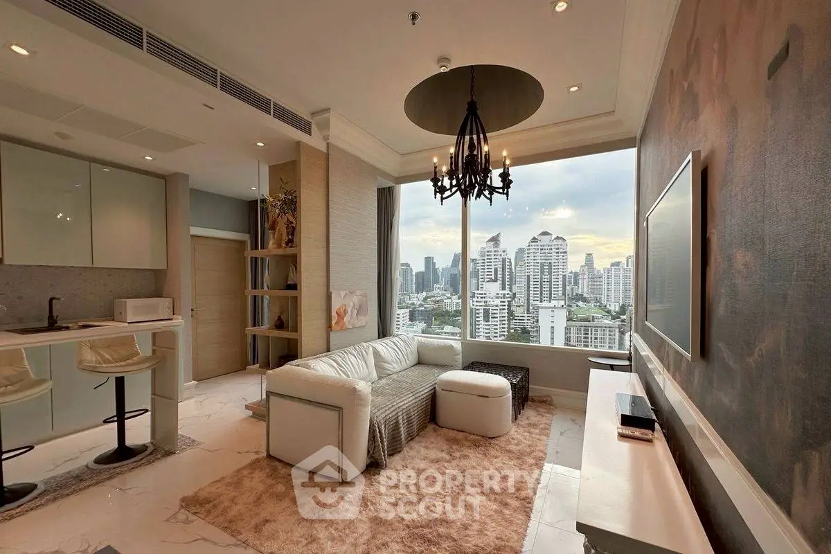 Luxurious living room with stunning city view and elegant chandelier