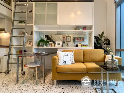 Modern living room with stylish yellow sofa and loft-style shelving