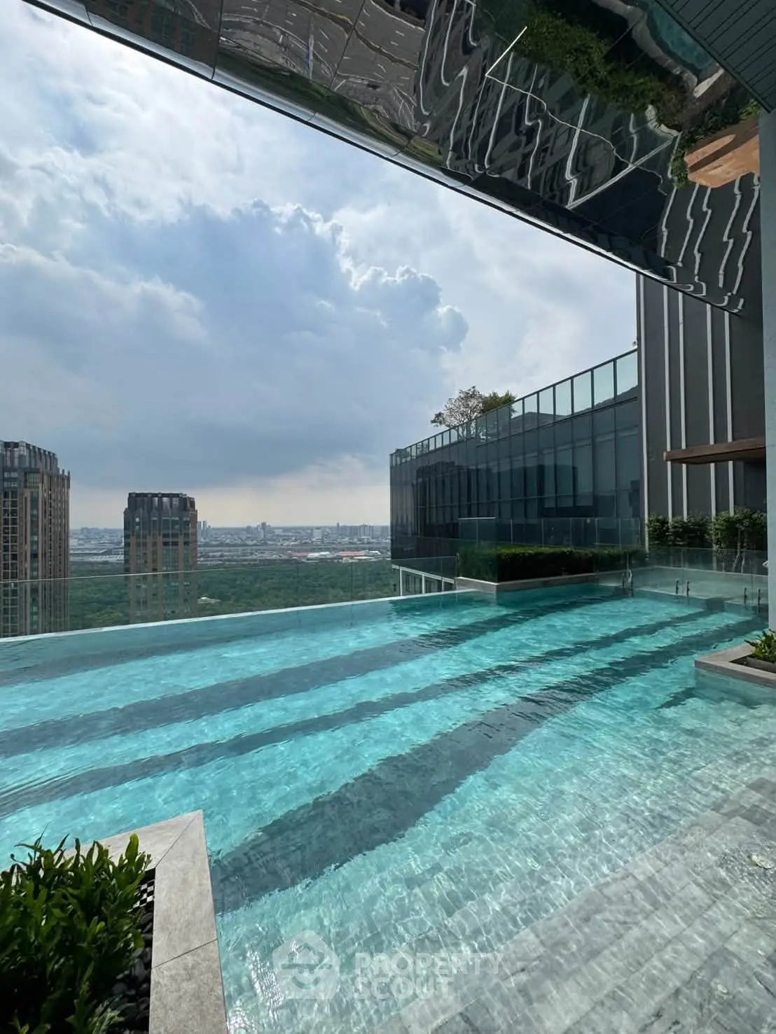 Luxurious rooftop infinity pool with stunning city skyline view, perfect for relaxation and leisure.