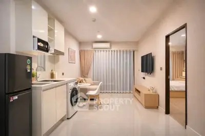 Modern open-layout kitchen and living area with sleek appliances and cozy decor