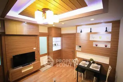 Modern living room with stylish wooden decor and cozy dining area