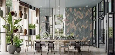 Stunning modern dining area with elegant decor and lush greenery, perfect for stylish gatherings.