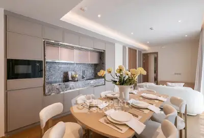 Elegant dining area with modern kitchen featuring sleek cabinetry and stylish decor