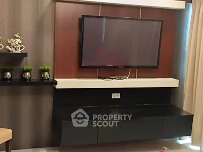 Modern living room with wall-mounted TV and stylish decor