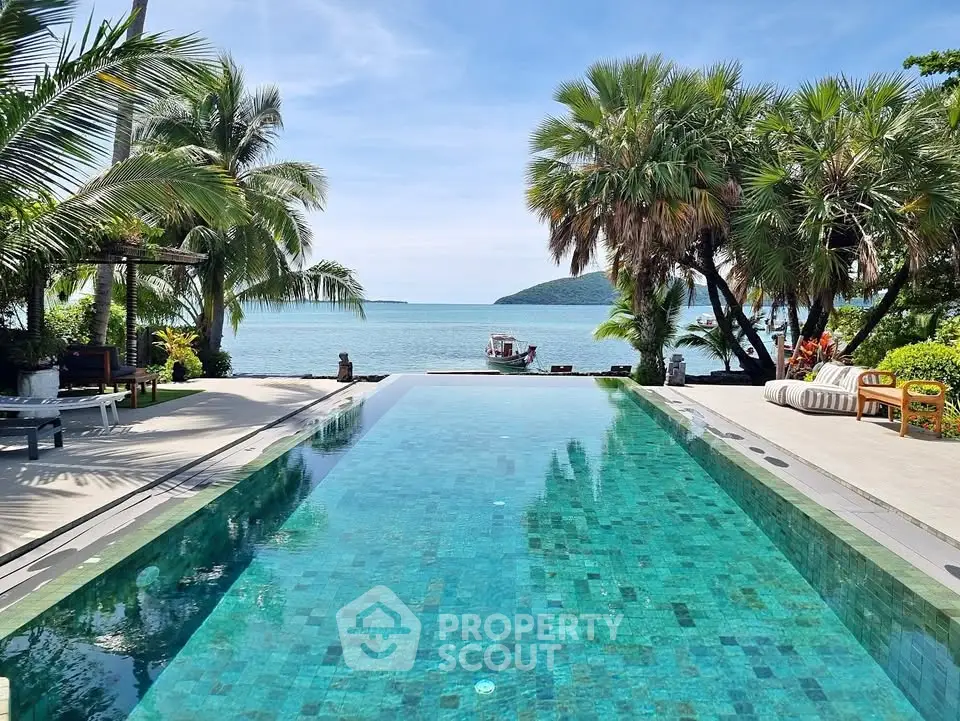 Luxurious beachfront pool with stunning ocean view and lush palm trees, perfect for tropical relaxation.