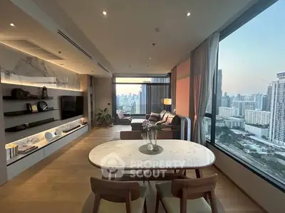 Luxurious living room with stunning city view and modern decor