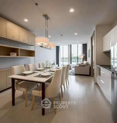 Modern open-plan dining and living area with elegant decor and natural light.
