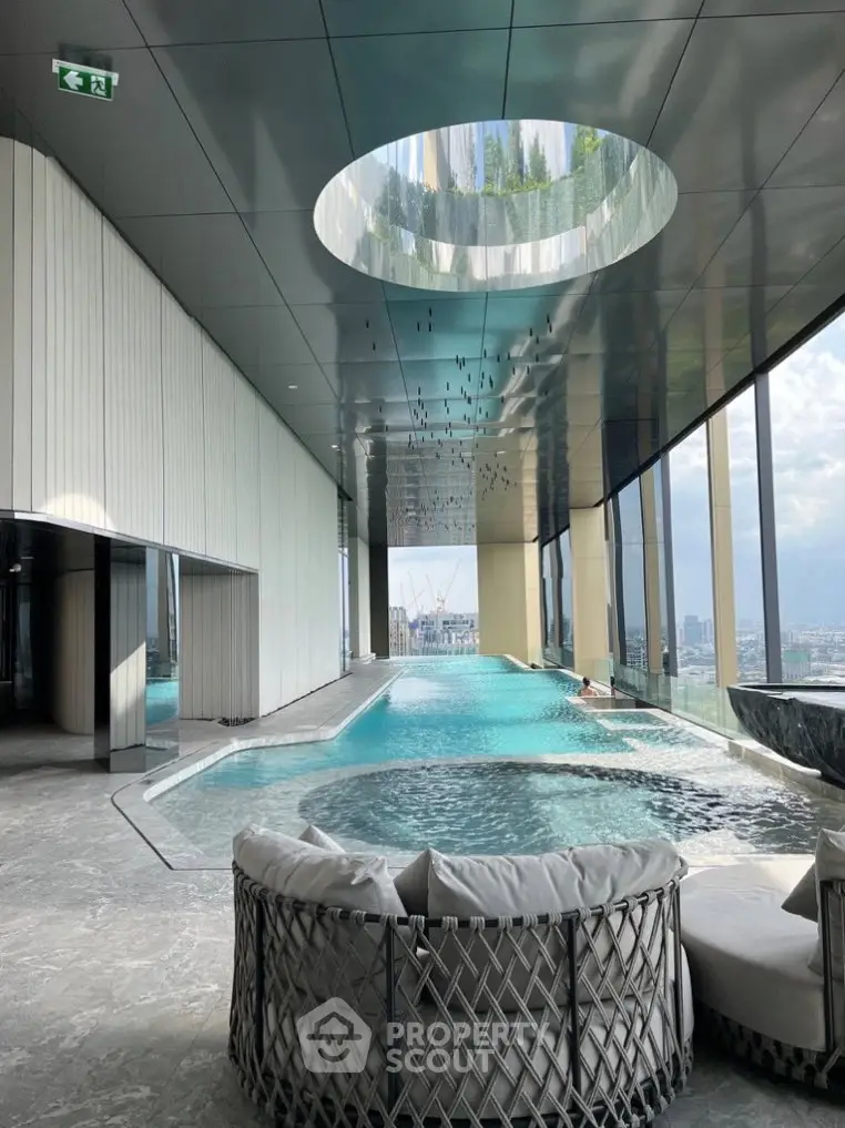 Luxurious indoor pool with panoramic city views and modern design, perfect for relaxation and leisure.