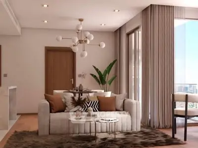 Luxurious living room with modern decor and large windows offering stunning views.