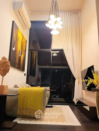 Luxurious living room with high ceilings, elegant decor, and stunning city view through large windows.