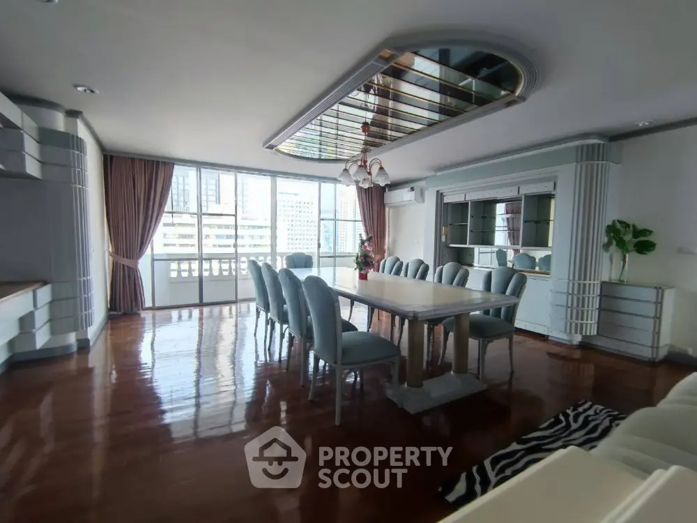 Luxurious dining room with elegant decor and city view