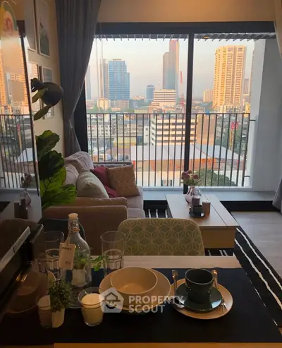 Modern living room with city view and stylish decor