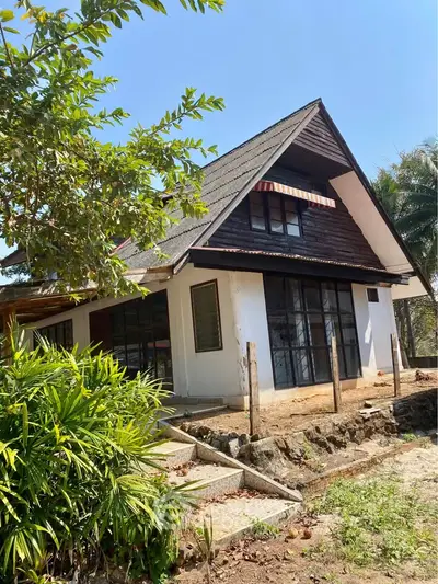 Charming A-frame house with lush garden and rustic appeal, perfect for serene living.
