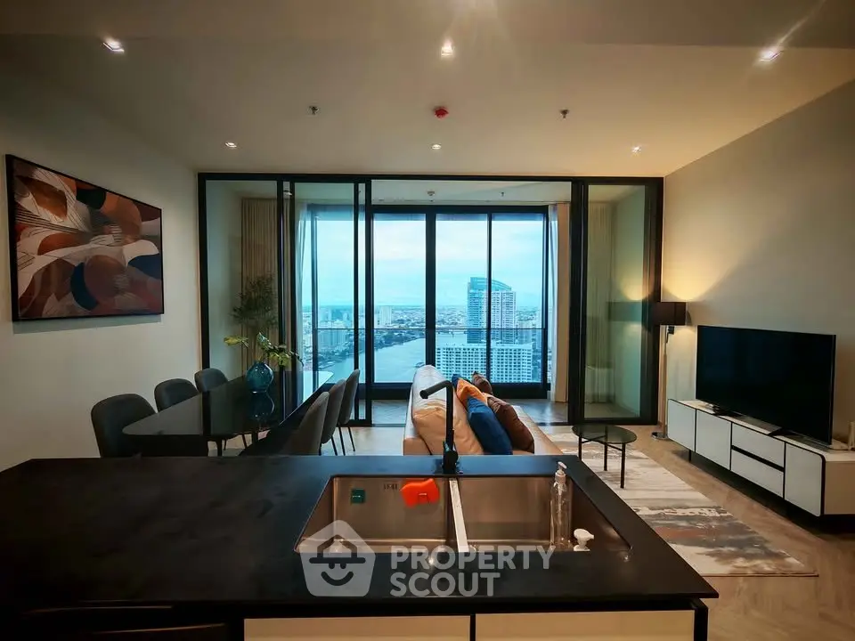 Luxurious living room with stunning city view, modern decor, and open layout in high-rise apartment.