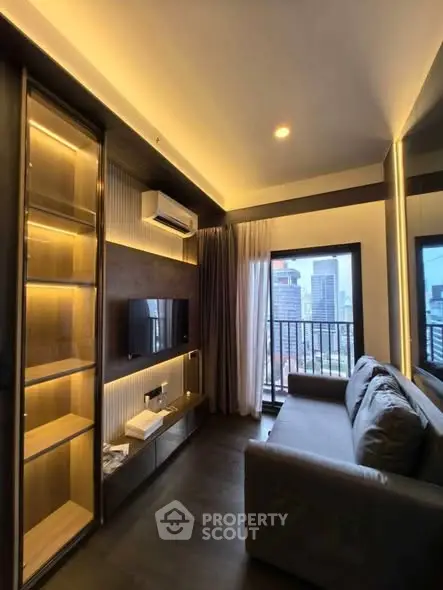 Modern living room with city view and stylish interior design