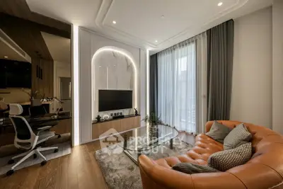 Luxurious modern living room with elegant decor and plush leather sofa