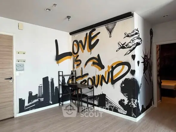 Stylish apartment interior with urban graffiti art and modern furniture