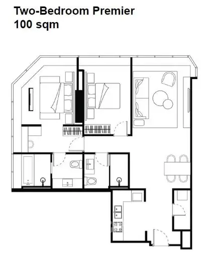 Spacious two-bedroom premier apartment floor plan with modern layout and 100 sqm area.