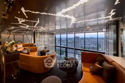 Luxurious modern living room with panoramic city views and stylish lighting