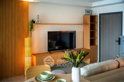 Modern living room with stylish wooden furniture and flat-screen TV