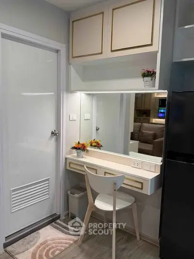 Modern compact study nook with sleek chair and built-in storage