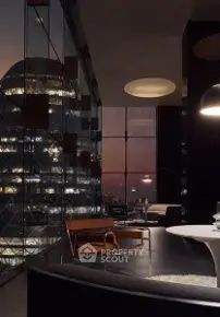 Luxurious modern living room with stunning city view and elegant furnishings.