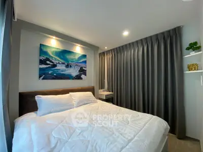 Cozy bedroom with modern decor and large window curtains