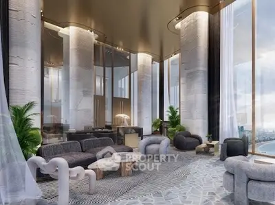 Luxurious high-rise living room with panoramic ocean views and modern furnishings.