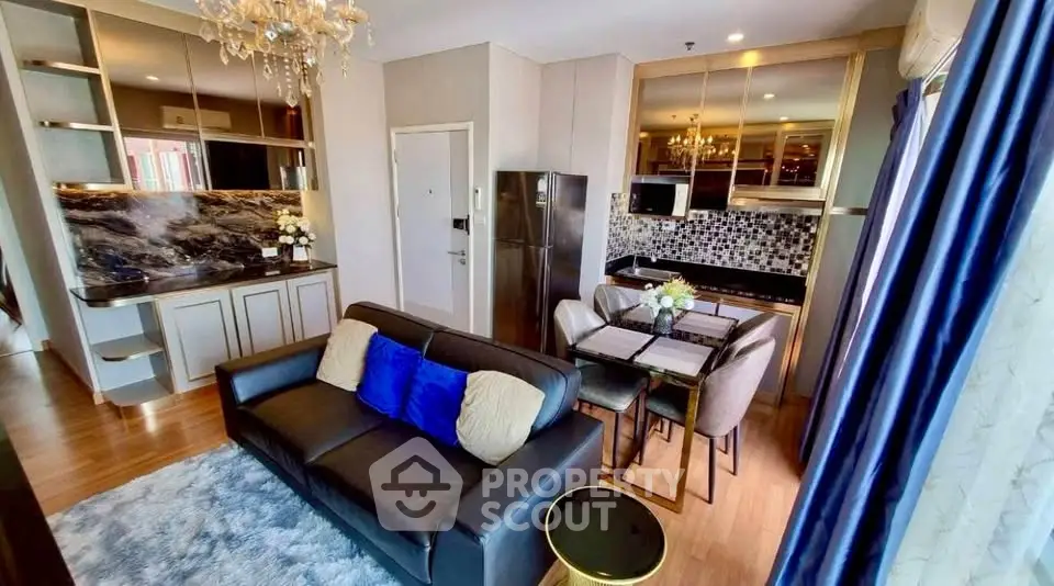 Luxurious modern living room with open kitchen and elegant decor