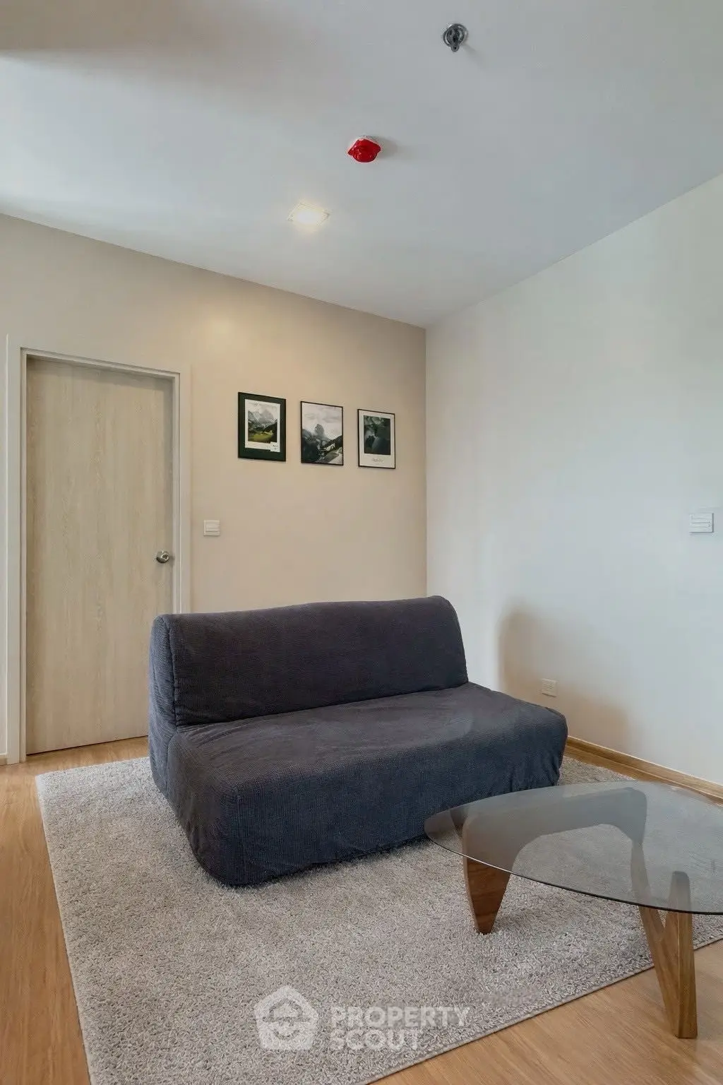 Modern living room with cozy sofa and stylish glass coffee table