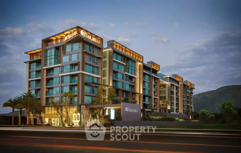Luxurious modern apartment building with stunning architectural design and ambient lighting, perfect for upscale living.