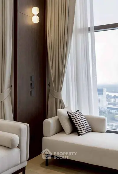 Luxurious living room with elegant curtains and city view, featuring modern white sofas and chic lighting.