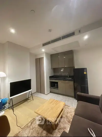 Modern living room with compact kitchen, cozy sofa, and sleek TV setup.