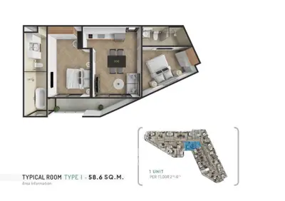 Modern 58.6 sqm apartment floor plan with two bedrooms and open living area.