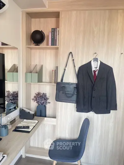 Stylish home office with modern decor and elegant wooden shelving