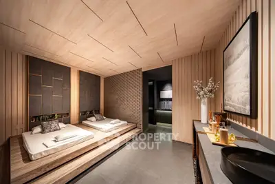 Luxurious modern bedroom with minimalist design and elegant wooden accents
